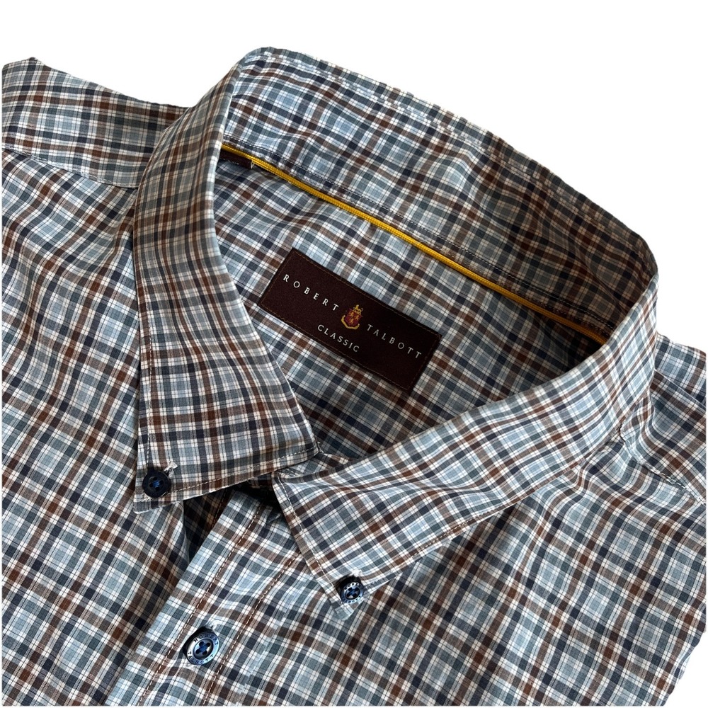 Robert Talbott Dress Shirt Men‎ XL Button Up Long Sleeve Blue Plaid